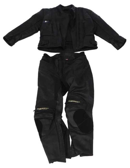 An Akito leather motorcycle jacket and trousers, size Euro 46.