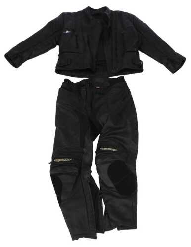 An Akito leather motorcycle jacket and trousers, size Euro 46.