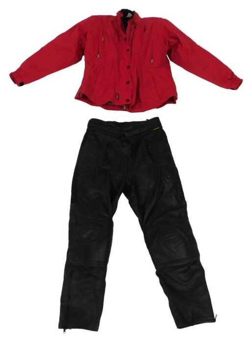A Frank Thomas Aqua motorcycle jacket, in red, and a pair of leather motorcycle trousers, size...