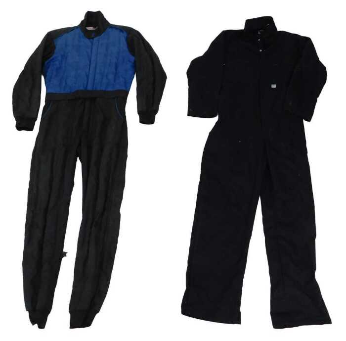 A Jays Nomex 3 racing suit, and a pair of Blue Castle overalls. (2)