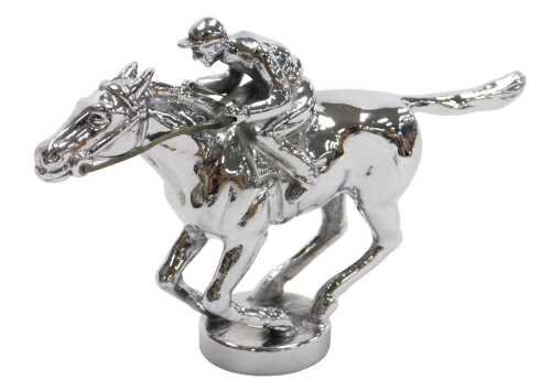 A Lejeune chrome plated car mascot of a race horse with jockey up, stamped to the base, 8.2cm high.