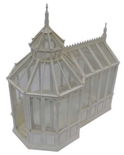 A Victorian-style conservatory, painted white, 1:12 scale.