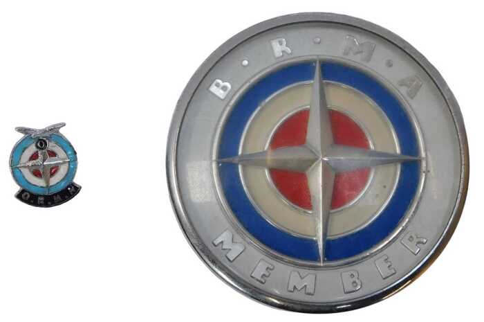 A BRMA Member car badge, with the BRM logo, together with an earlier Owen RMA lapel badge. (2)