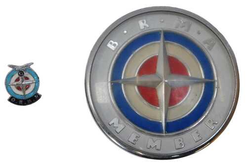 A BRMA Member car badge, with the BRM logo, together with an earlier Owen RMA lapel badge. (2)