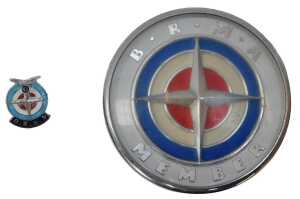 A BRMA Member car badge, with the BRM logo, together with an earlier Owen RMA lapel badge. (2)