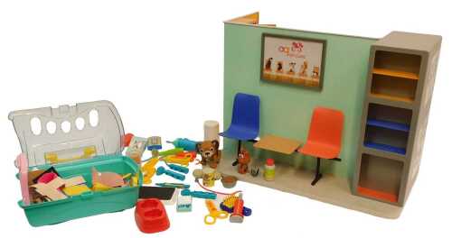An Our Generation Healthy Paws pet clinic and accessories, including a pet carrier containing...