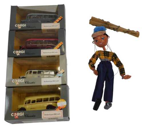 Corgi Classics Bedford OB coaches, and a Pelham Puppets Standard Puppet Type 36 Boy. (5)