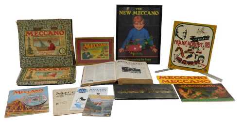 Various Meccano related ephemera, including a reproduction Frank Hornby 1863-1936 tinplate sign,...
