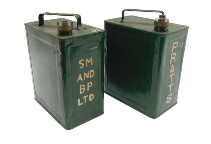 Two vintage petrol cans, for Pratts, SM, and BP Ltd, green with cream writing, having brass...
