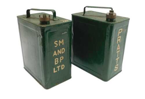 Two vintage petrol cans, for Pratts, SM, and BP Ltd, green with cream writing, having brass...