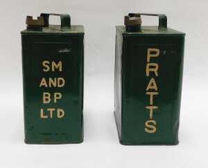 Two vintage petrol cans, for Pratts, SM, and BP Ltd, green with cream writing, having brass... - 2