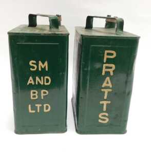 Two vintage petrol cans, for Pratts, SM, and BP Ltd, green with cream writing, having brass... - 4