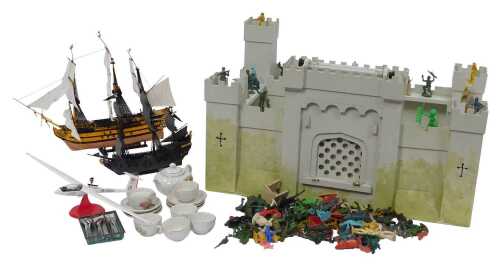 Various toys and collectables, including a doll's tea set, plastic soldiers, a kit built HMS...