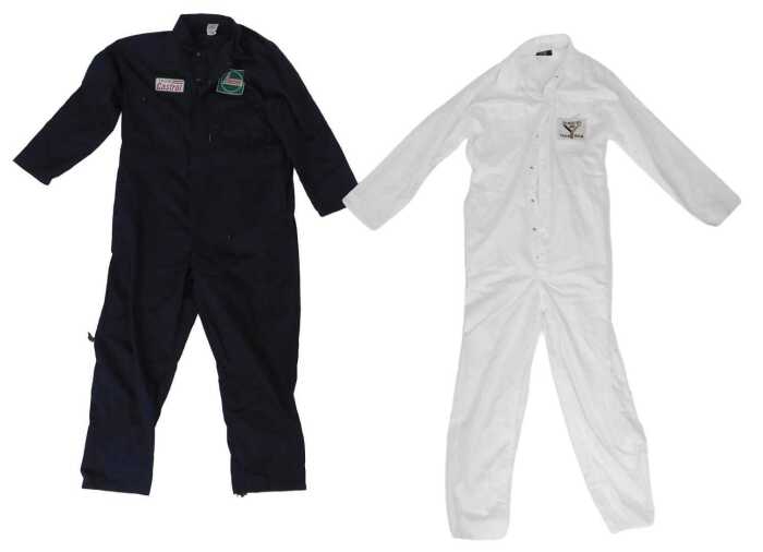 Two pairs of XL overalls, white pair with Yardley Team BRM patch, blue pair with BRM and Castrol...