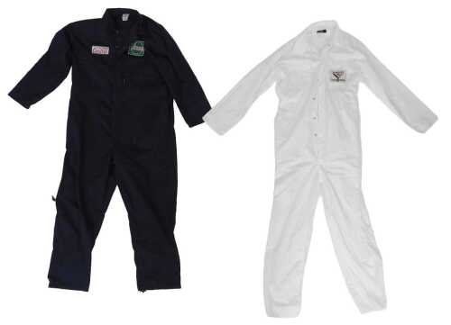 Two pairs of XL overalls, white pair with Yardley Team BRM patch, blue pair with BRM and Castrol...