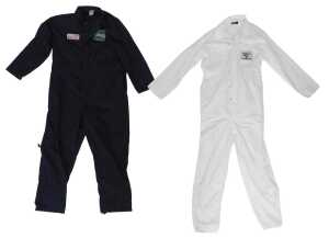 Two pairs of XL overalls, white pair with Yardley Team BRM patch, blue pair with BRM and Castrol...