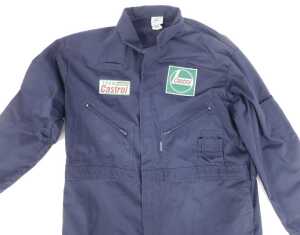 Two pairs of XL overalls, white pair with Yardley Team BRM patch, blue pair with BRM and Castrol... - 2