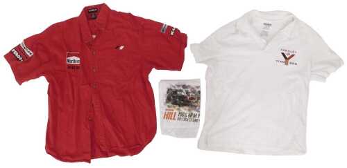 A Marlboro BRM red shirt (XL), together with a t-shirt depicting Graham Hill driving the BRM...