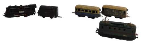 A JEP O gauge three rail tinplate SNCF locomotive and tender, a Series Hornby French Provincial...