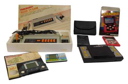 A Radofin colour TV game, including tennis, grid ball, basketball, football, hockey, an Entex...