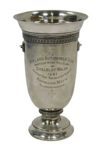 Raymond Mays interest. A George V silver trophy vase, of inverted bell shape, with a reeded...