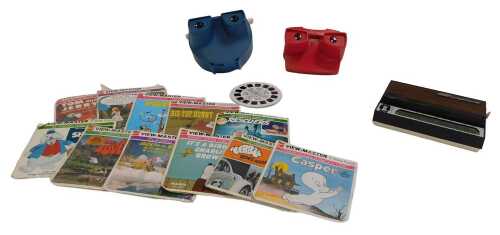 Two GAF Viewmasters, one boxed, and Viewmaster Stereo pictures, including Tom and Jerry, Alice...