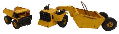 A Mighty Tonka pressed steel scraper, and mini dump truck. (2)