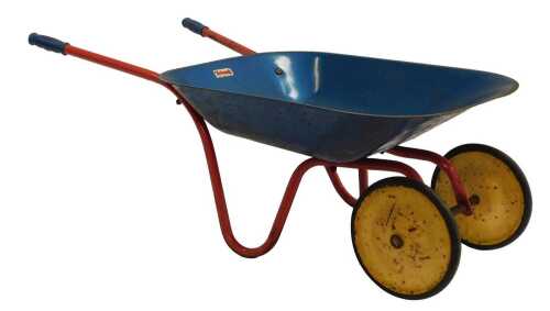 A Tri-ang red and blue child's wheel barrow.