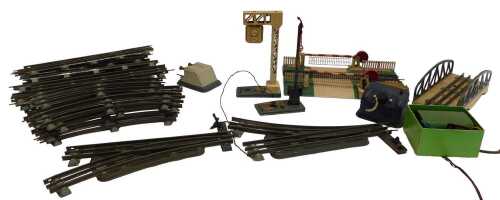 Hornby and JEP O gauge three rail track and accessories, including level crossing, girder bridge,...