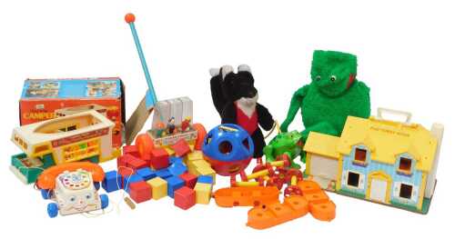 Various toys, including Fisher Price Chatter telephone, Fisher Price Play Family camper, Fisher...