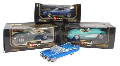 Three Burago model vehicles, comprising a Jaguar E Type Cabriolet 1961, a Ferrari 455GT 1992,...