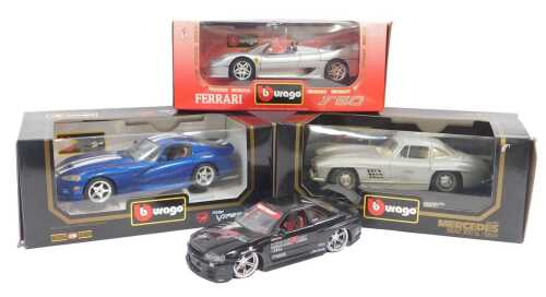 Three Burago models, comprising a Mercedes Benz 300SL from 1954, a Ferrari F50, and a Dodge...