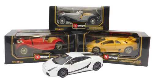 Three Burago models, comprising a Mercedes Benz 500K Roadster 1936, a Lamborghini Diablo 1990,...