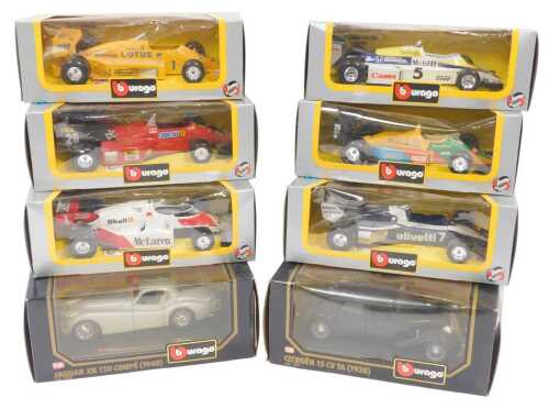 Six Burago Formula 1 models, from the late 1970s/early 1980s, a Jaguar SK120 Coupe, boxed, and a...