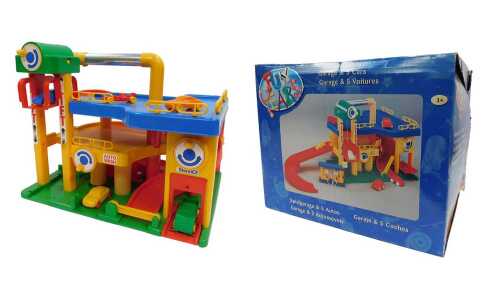 A Fun Years garage and five cars, including ramp, lift, auto wash, etc. (boxed)