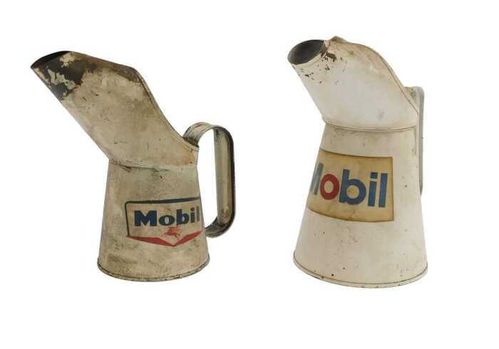 Two Mobil oil jugs, one litre and one pint.