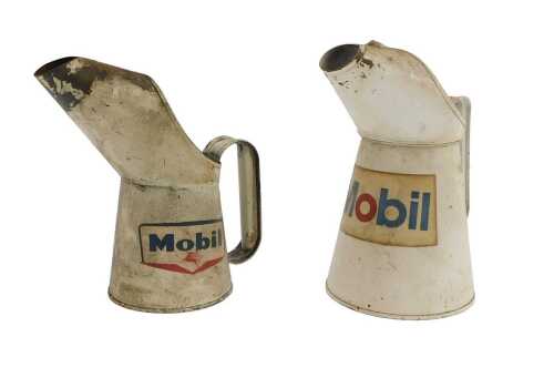 Two Mobil oil jugs, one litre and one pint.