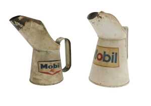 Two Mobil oil jugs, one litre and one pint.
