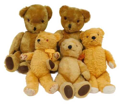 A collection of five vintage Teddy bears, the larger two with growlers, 43cm high.