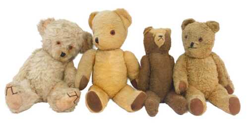Four vintage plush bears, various types, all unmarked, the largest 39cm high.