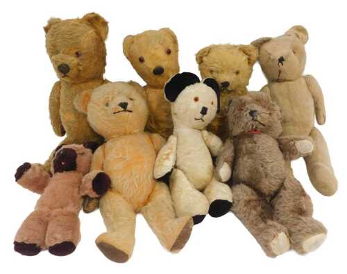 Eight vintage Teddy bears, to include one with musical movement, 41cm long, (AF), etc.