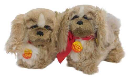 Two Steiff Junior Peky plush dogs, each with button to ear and original label, 20cm long.