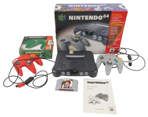 A Nintendo 64 console and a Nintendo 64 controller in green, both boxed, together with two...