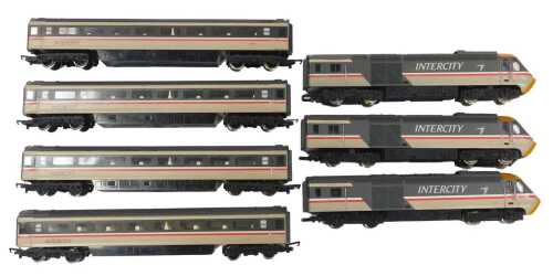 Hornby Class 43 HST power cars and dummy car, Intercity swallow livery, and four coaches...