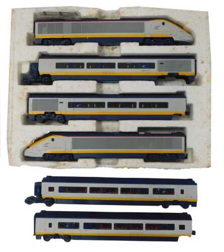A Hornby OO gauge Class 373 Eurostar power and dummy car, and four coaches. (5)