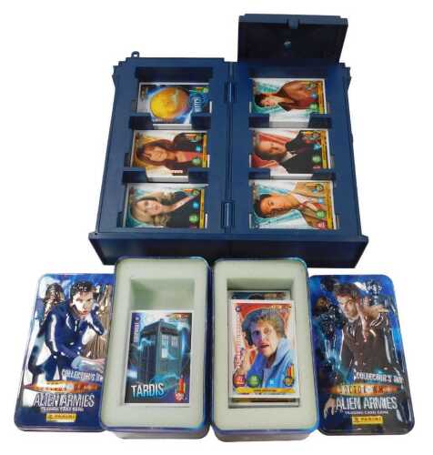 Panini Doctor Who Alien Armies trading cards, including tins and a Tardis storage box. (a quantity)
