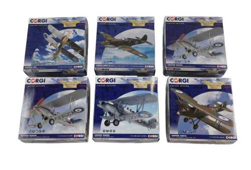 Six Corgi Aviation Archive limited edition diecast 1:72 scale aeroplanes, to include Hawker...
