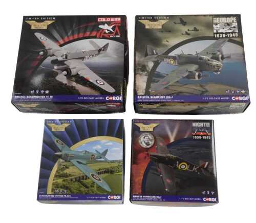 Four Corgi Aviation Archive 1:72 scale diecast aeroplanes, Supermarine Spitfire PR X1X, Hawker...