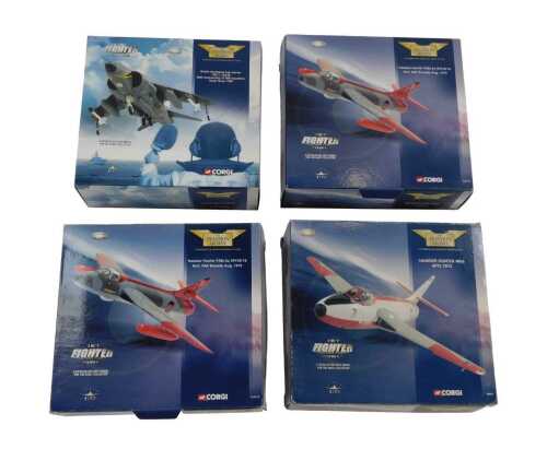 Four Corgi Aviation Archive 1:72 scale diecast aeroplanes, to include Jet Fighter Power British...