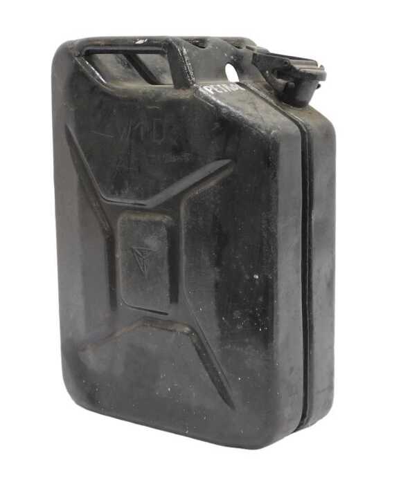 A black painted War Department petrol can.